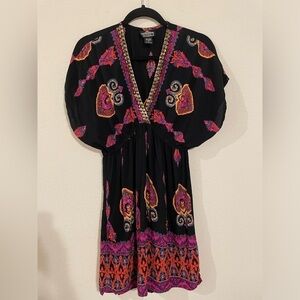 Angie Women Mini Dress Large Black Floral Colorful Paisley Bohemian Contemporary